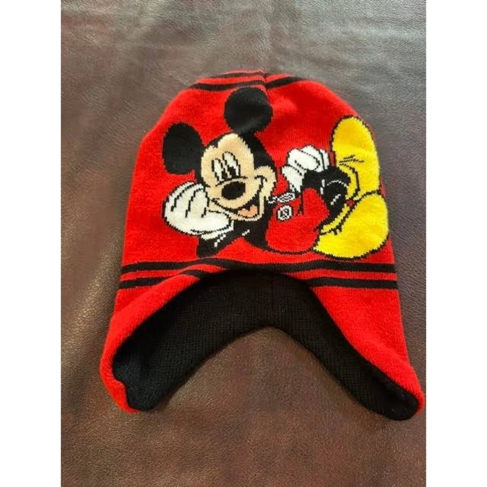 Disney Mickey Mouse Red Knit Ear Flap Trapper Beanie Hat Winter Cap